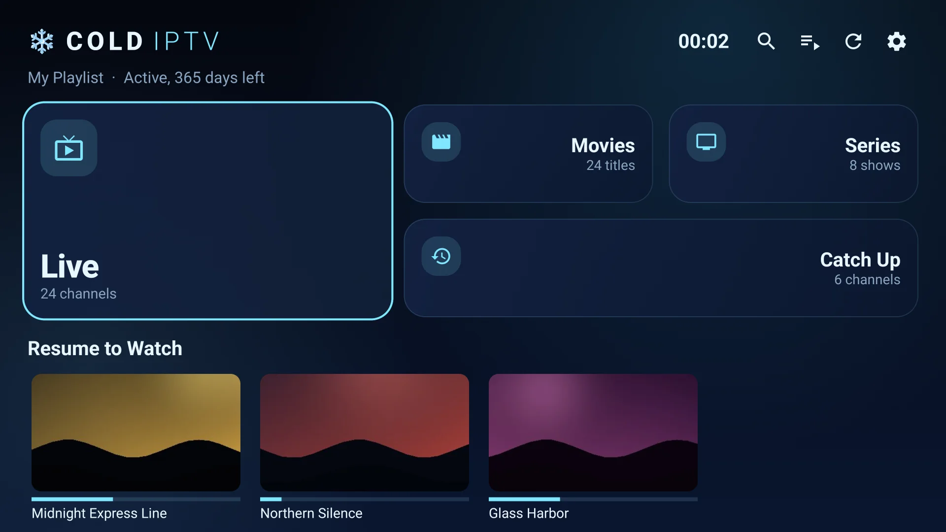 COLD PLAYER home screen on a TV, showing Live, Movies, Series, Catch Up and Resume to Watch