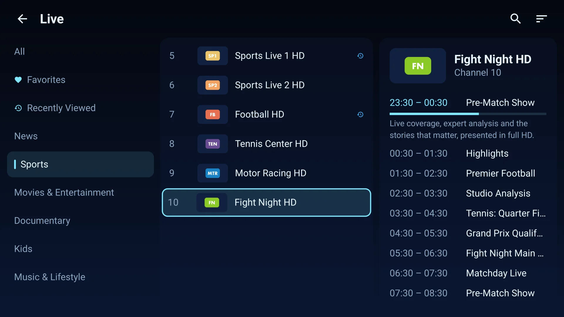 Live TV screen with categories, channel list and programme guide