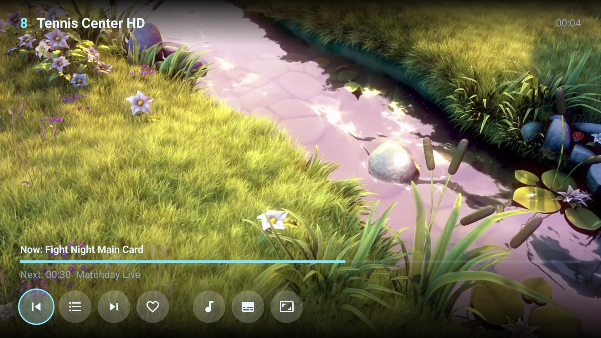 Full-screen player with now and next programme info and playback controls
